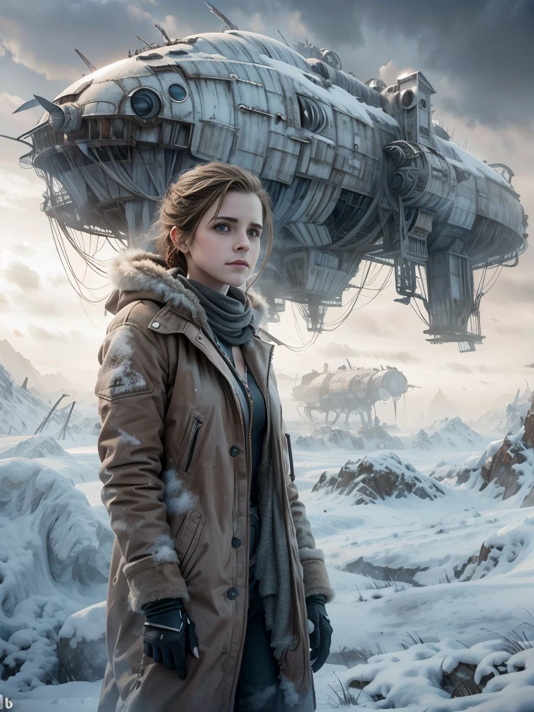 (Emma watson, detailed, 8k, photorealistic, cinematic lighting, dramatic lighting, full body shot), (apocalyptic,snowy winter landscape), (beautiful young woman, 23 years old, gorgeous european features,cleavage, short messy brown hair, intense gaze, elegant pose), (giant futuristic spacecraft,high-tech shuttle,cold icy environment),