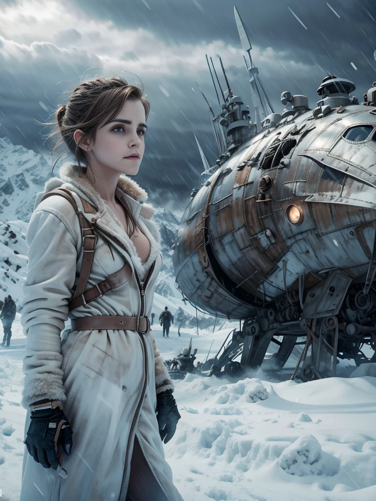 (Emma watson, detailed, 8k, photorealistic, cinematic lighting, dramatic lighting, full body shot), (apocalyptic,snowy winter landscape), (beautiful young woman, 23 years old, gorgeous european features,cleavage, short messy brown hair, intense gaze, elegant pose), (giant futuristic spacecraft,high-tech shuttle,cold icy environment),