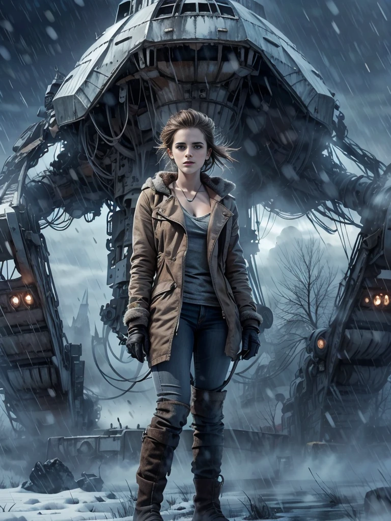 (Emma watson, detailed, 8k, photorealistic, cinematic lighting, dramatic lighting, full body shot), (apocalyptic,snowy winter landscape), (beautiful young woman, 23 years old, gorgeous european features,cleavage, short messy brown hair, intense gaze, elegant pose), (giant futuristic spacecraft,high-tech shuttle,cold icy environment),