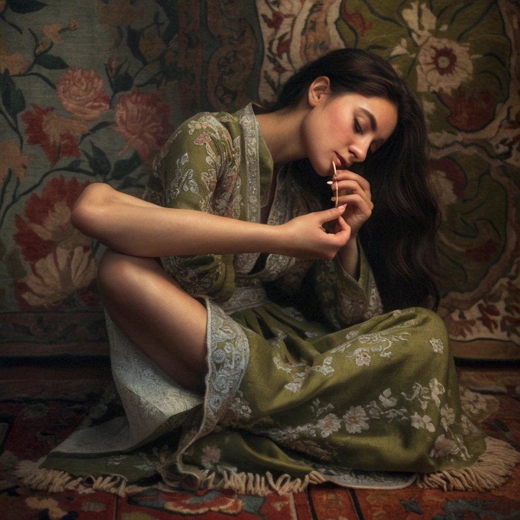 A captivating portrait of a young woman engaging in self-reflection, gently biting her toenail. She is dressed in floral attire with intricate details, and sits comfortably on a vibrant and elaborate rug. The background evokes a sense of natural surroundings with a muted color palette, giving off an atmosphere of warmth and intimacy.