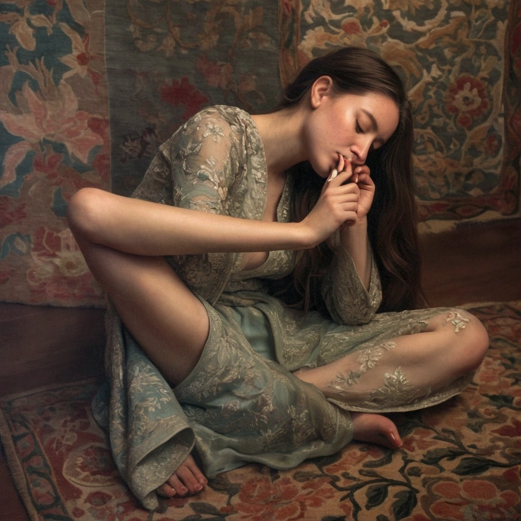 A captivating portrait of a young woman engaging in self-reflection, gently biting her toenail. She is dressed in floral attire with intricate details, and sits comfortably on a vibrant and elaborate rug. The background evokes a sense of natural surroundings with a muted color palette, giving off an atmosphere of warmth and intimacy.