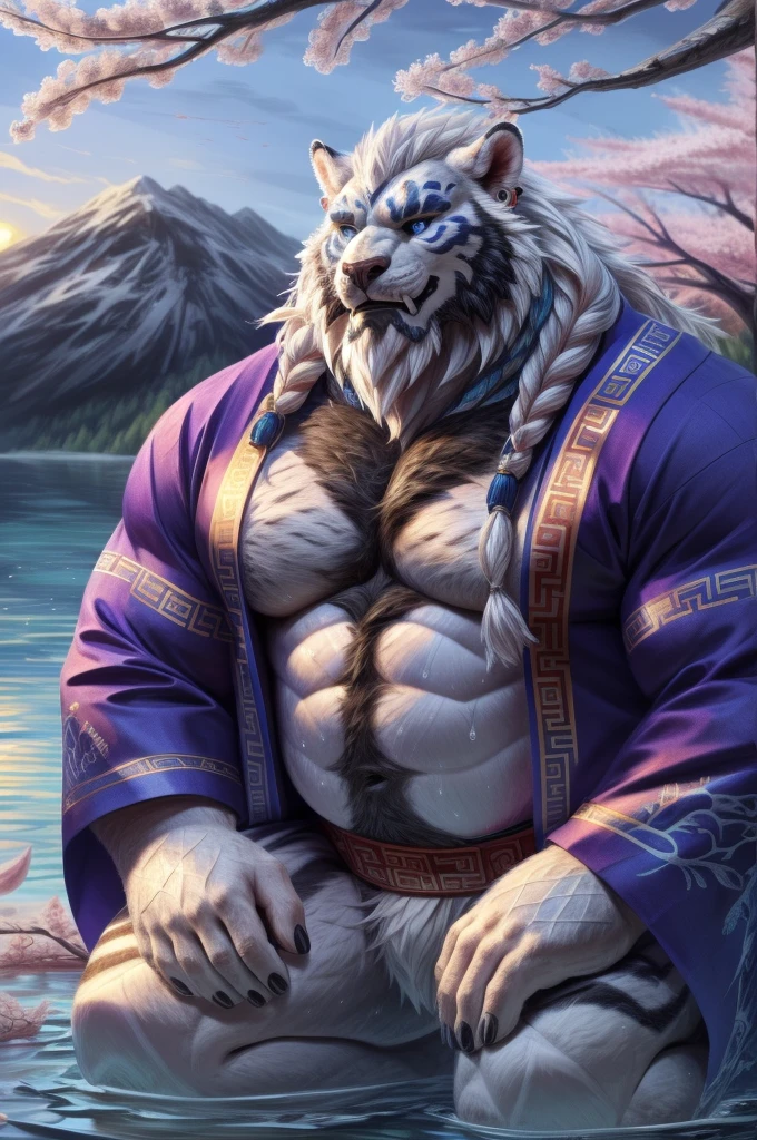 (head、Animal cat face、A pair of dragon horns,Full body of fluffy white hair、Heavy breathing、Fluffy belly,wildcat、blue eyes,(contour)Full body covered with long white hair、Hairy body、Fanged Morning), 1. Volibear, solo, Looking at the audience, summer, Smile,Muscle Man,beard,middle aged,White Fondos,((Open) kimono),Chinese traditional clothing,close up,Earrings,乳head环,Sweat,majestic,brutal,confident,Strong,Cherry blossoms,In the lake,kneel