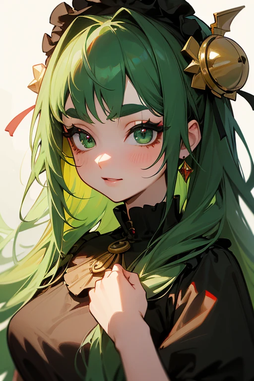 (Highest quality, masterpiece:1.2), High resolution, Very detailed, Realistic:1.37, Fantasy, An illustration, Green Eyes、Queen, Red and green swimsuit、Platinum decoration、beautifully、Eyeshadow Red、Thick eyebrows、Long eyelashes、pupils are black、Her hair is dark green、Gold crown、Kissing Face、Embarrassing、Beloved by the crowd、Hair is green、Braiding、hair ornaments、Laugh gently、From the waist up、((Gothic Lolita)).