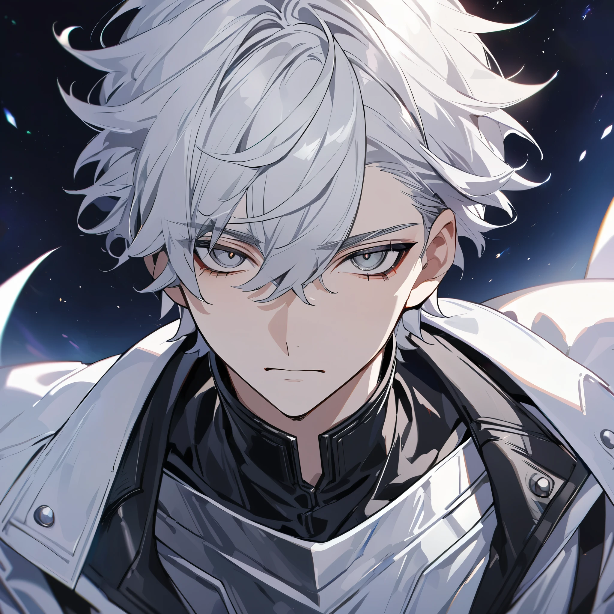 High quality, HD, 4k, no shadows, handsome male, 1male, 17 years old, teenager, short white hair, silver hair, white hair, sharp eyes, grey colored eyes, deep grey eyes, grey eyes, devil may cry, close up, calm expression, stoic expression, black leather clothes, white leather clothing, lean body, well trained body, upper body, looking at viewer, cowboy shot, white solar, space background