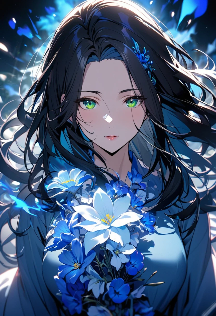 girl, black hair, long hair, green eyes, ,blue hair ornament pretty, blue dress, ,beautiful eyes, mature, super detail, beautiful color,  blue aura, smooth hair, adult, mature, woman, flower, main face, front face, shine exposure, face macro