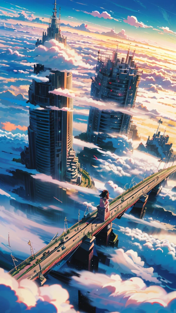 octane rendering,bioluminescence,8K resolution concept art,realism,by Mappa studios,masterpiece,top quality,official art,illustration,ligne claire,(cool_color),perfect composition,absurd,fantasy Focus,(aerial),(above the clouds:1.4),(finely drawn modern city:1.3),(modern city towering above the clouds:1.2),epic,(focus_girl:1. 2),(girl in city peak of Broken bridge),girl sitting alone at foot of bridge looking into distance (girl in city peak of Broken bridge),detailed uniform,calm expression,bird's eye view,wind blowing,fantastic plants,book,giant world tree,movement,(depth of field),stretched shot,view from above