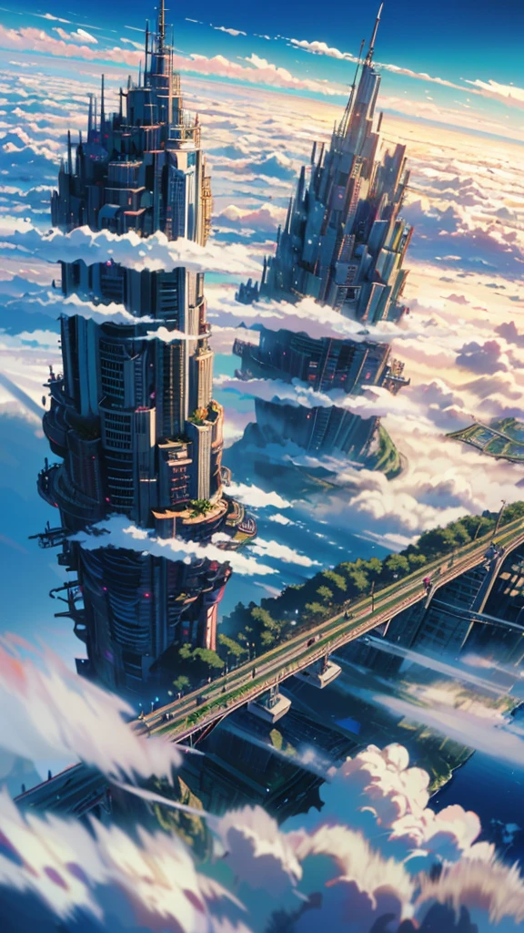 octane rendering,bioluminescence,8K resolution concept art,realism,by Mappa studios,masterpiece,top quality,official art,illustration,ligne claire,(cool_color),perfect composition,absurd,fantasy Focus,(aerial),(above the clouds:1.4),(finely drawn modern city:1.3),(modern city towering above the clouds:1.2),epic,(focus_girl:1. 2),(girl in city peak of Broken bridge),girl sitting alone at foot of bridge looking into distance (girl in city peak of Broken bridge),detailed uniform,calm expression,bird's eye view,wind blowing,fantastic plants,book,giant world tree,movement,(depth of field),stretched shot,view from above