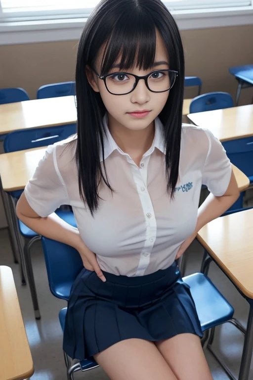 (8k,RAW Photos,Highest quality,masterpiece:1.5),(Observe the audience:1.5),smile,Black Hair,(Live Action:1.5),(Realistic expression:1.5),(****************** girl:1.5),(school uniform:1.5),(The background is an empty classroom:1.5),(Young Face:1.5),(Big Breasts:1.5),Show me your beautiful teeth,(Braiding),(Glasses),(She lifted her skirt to show her vagina.:1.5),(legs wide open to the sides:1.5),(short:1.4),sitting on desk