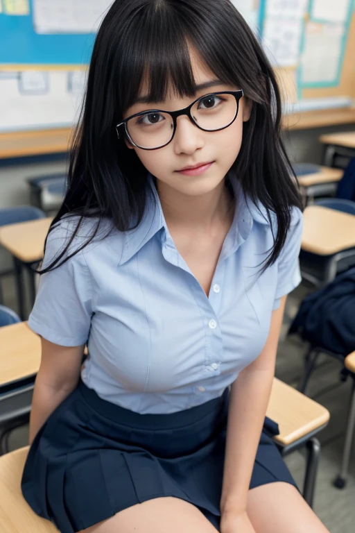 ((Melancholic expression))、((Sad face))、((Angry face))、((Crying face))、(Long black hair)、(Parting the bangs)、((Wearing glasses))、())、(Huge boobs),（8Kんin，Highest quality），whole body shot shot，watching from a distance，Long-distance shots，school classroom，student，class，Play games，See-through shirt and school skirt，blue Wet shirt, Wet shirt, Adorable， smile， Narrow side， Short fine hair， 32Kin, T masterpiece， Best image quality，Ultra-high resolution，Perfect hands，look up_in_Looking into the audience，wet skin, (((whole body))), whole body, Legs wide open, Leg spread, Looking at the camera, Eye on the details, Beautiful Eyes