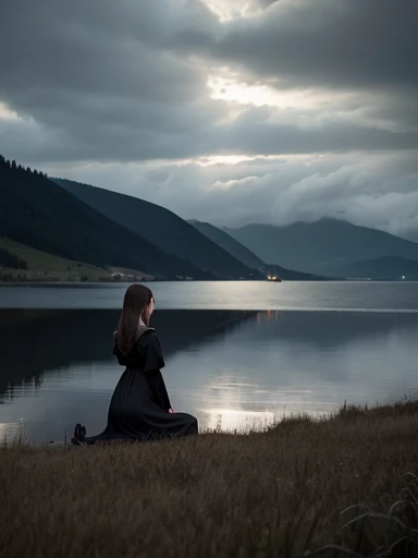 dark landscape, kneeling, semi long, dress, with a lake, (dark atmosphere), (in a dark and gloomy world), (dark academia)