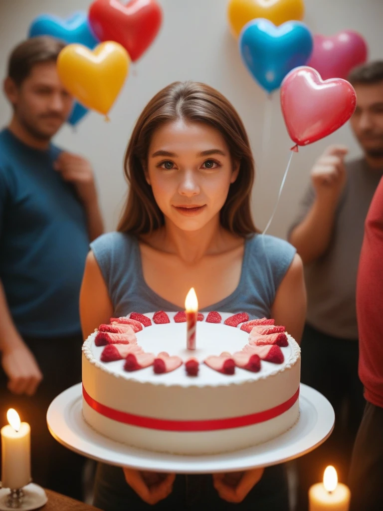 two very cute 3D animated character in three dimensions that resembles a woman and a man They are standing next to a big birthday cake with lit candles the character is blowing out the candles. There are several gift boxes around the cake, and the character holds a bouquet of heart-shaped balloons. The image is interesting, as it appears to be celebrating a birthday in an artistic and stylized way, using animation to convey the festivity