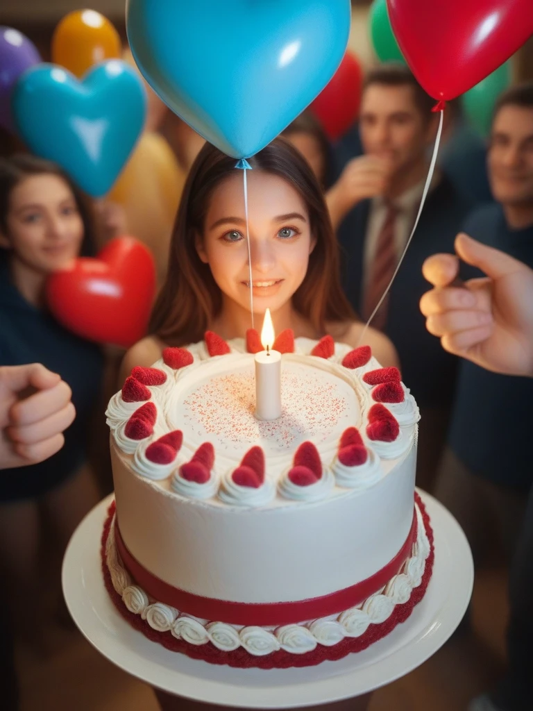 two very cute 3D animated character in three dimensions that resembles a woman and a man They are standing next to a big birthday cake with lit candles the character is blowing out the candles. There are several gift boxes around the cake, and the character holds a bouquet of heart-shaped balloons. The image is interesting, as it appears to be celebrating a birthday in an artistic and stylized way, using animation to convey the festivity