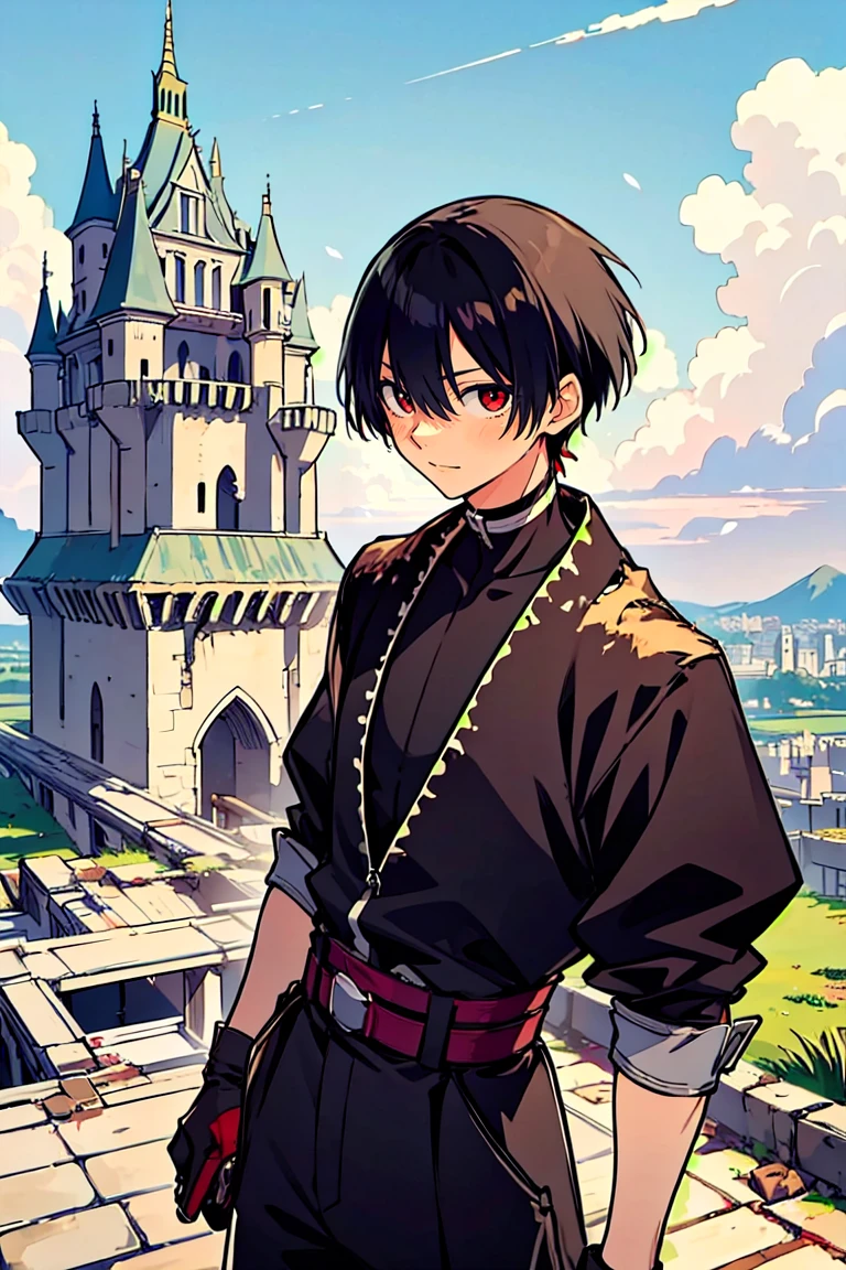 (masterpiece, best quality:1.2), rekkyou sensen,rekkyo sensen, (hasuichi nishizono:1.25) ,black hair, red eyes, boy, male, anime,1boy, bangs, hair between eyes, jacket, looking at viewer, male focus, short hair, solo, zipper, black underwear, silver choker background with((fantasy world, ruin, castle, beautiful sky, shining sky, sunshine:1.35))