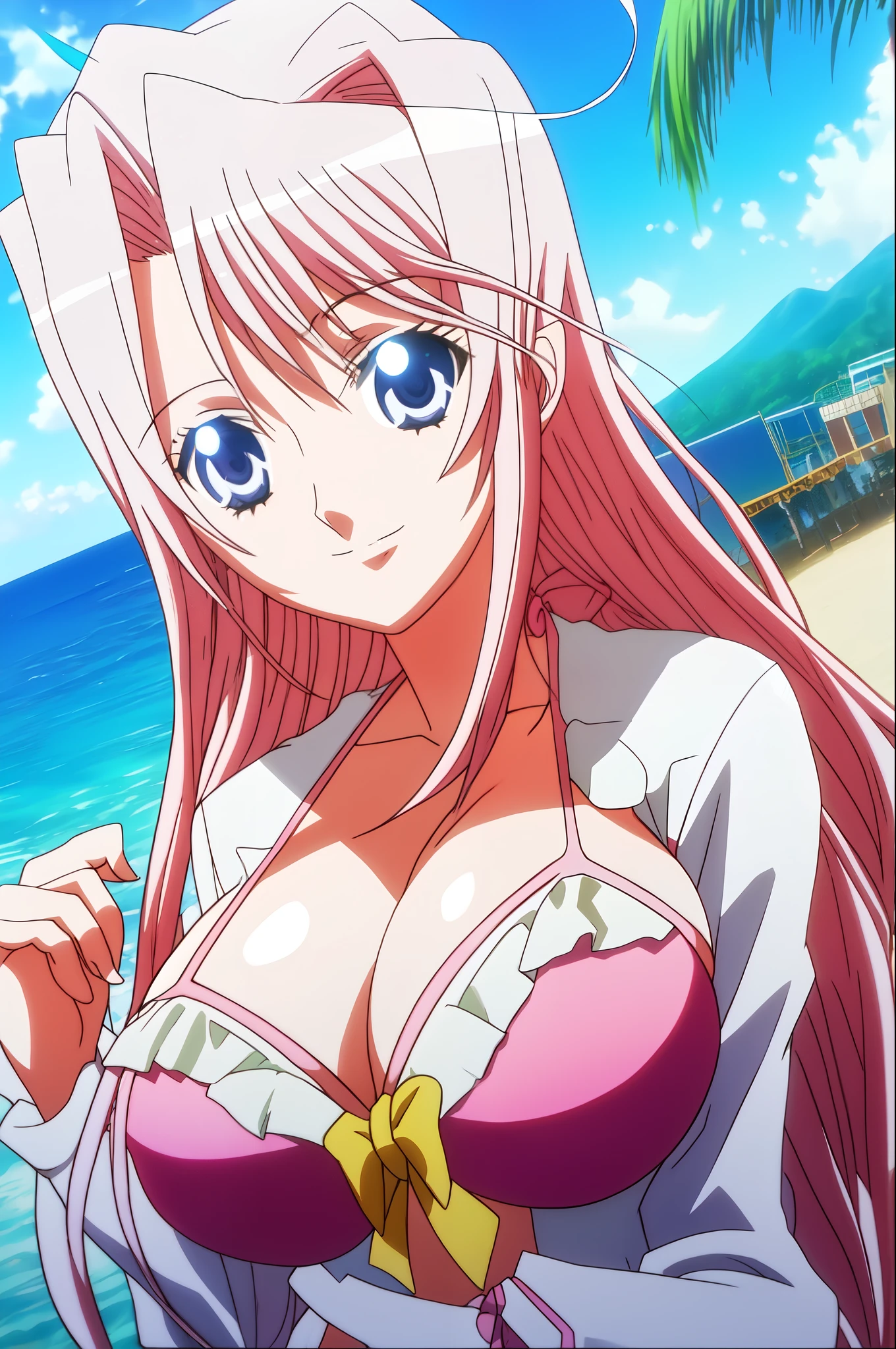 charlotte, 1girl, solo, long_hair, breasts, looking_at_viewer, smile, bangs, blue_eyes, large_breasts, long_sleeves, very_long_hair, pink_bikini, upper_body, pink_hair, ahoge , beach_background, perfect_hands, bikini,