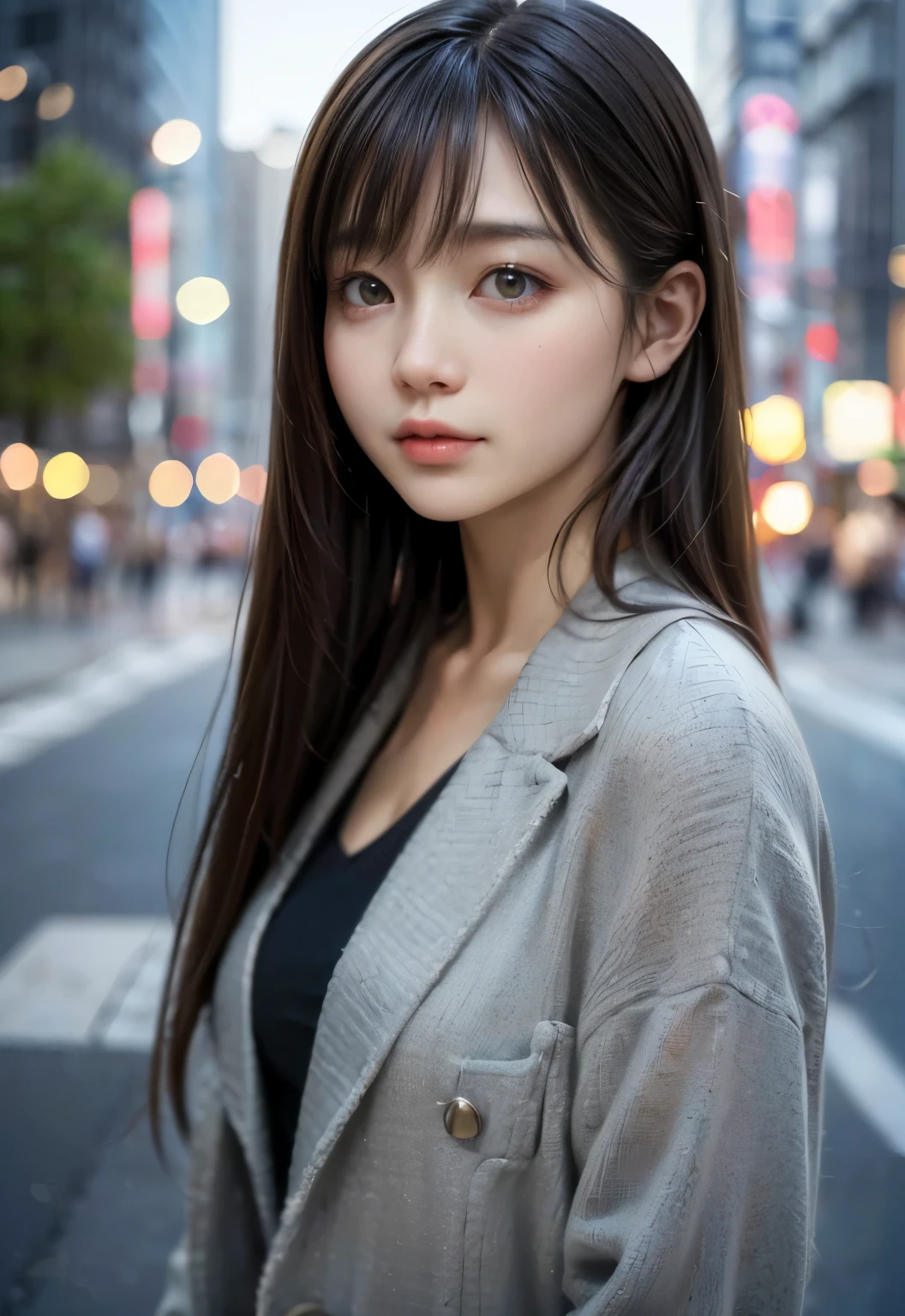 (((city today:1.3, outdoor, shot from the front))), ((long hair:1.3,suit,japanese girl, cute)), (Clean, natural makeup), (best quality, masterpiece:1.3, 超high resolution), (very detailed, falsetto), (realistic:1.4, RAW shooting), very detailed, high resolution, 16K resolution