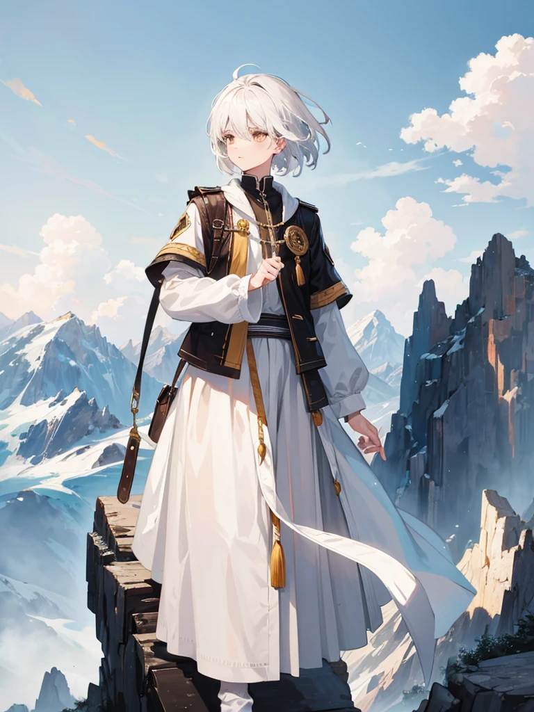 1boy, white hair, brown eyes, beautiful background, simple clothes, mountain