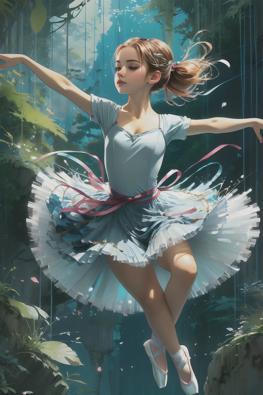 smart inventive german  teenage ballerina  girl  , action Pose  she is a genious! cute anime art by Studio Ghibli and Carne Griffiths
 beautiful highly detailed art, beautiful complex background, digital painting, highly detailed, Conzeptart, characterdesign,
Artwork by DasAbra 