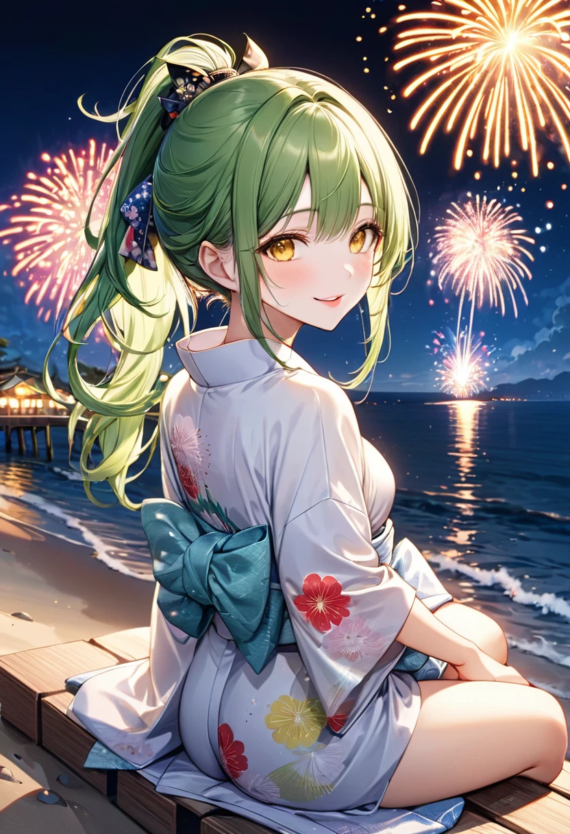 (beautiful back style), (solo:2, 15 yo, Look love face), (beautiful detailed ponytail green hair long hair) (best cute girl, sexy yellow eyes, glossy lip, medium tits, love smile), in A beautiful detailed yukata, sit down on breakwater, break, in the night fly Fireworks in beach, background beautiful many fireworks Over the ocean, BREAK, perfect anatomy, masterpiece, beautiful detailed night,best quality, daydreaming expression.