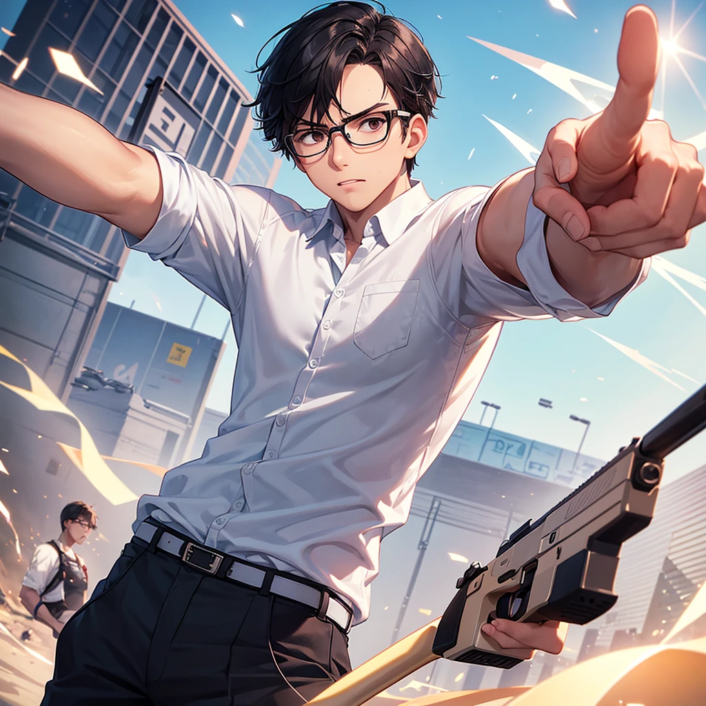 A short-haired man in glasses, wearing a white shirt, holding a pistol in his right hand in a shooting stance, left hand in his pants pocket, serious expression, detailed illustration, sports setting, Olympic event, banner, photographer, energetic, dynamic, focused, intense
