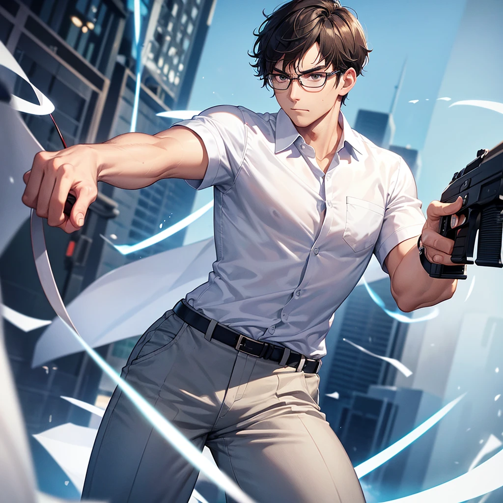 A short-haired man in glasses, wearing a white shirt, holding a pistol in his right hand in a shooting stance, left hand in his pants pocket, serious expression, detailed illustration, sports setting, Olympic event, banner, photographer, energetic, dynamic, focused, intense