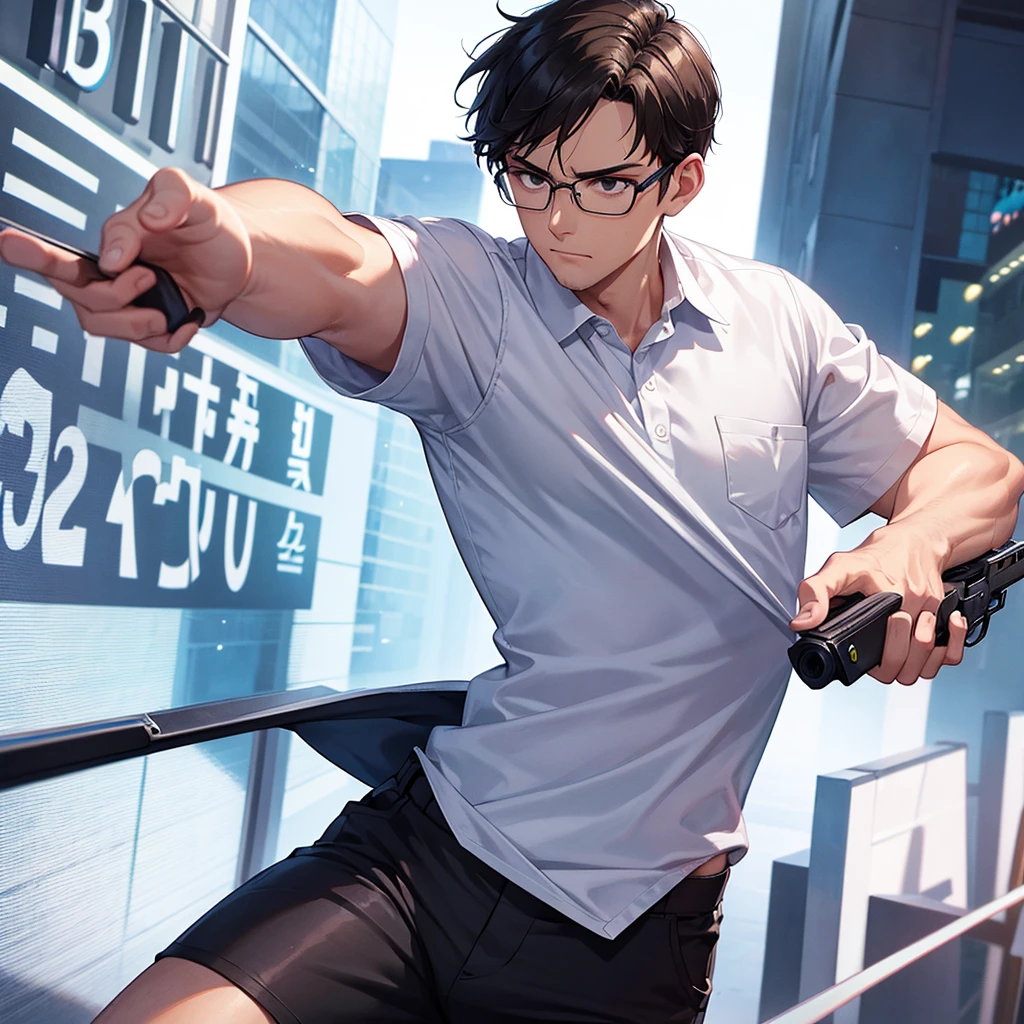A short-haired man in glasses, wearing a white shirt, holding a pistol in his right hand in a shooting stance, left hand in his pants pocket, serious expression, detailed illustration, sports setting, Olympic event, banner, photographer, energetic, dynamic, focused, intense