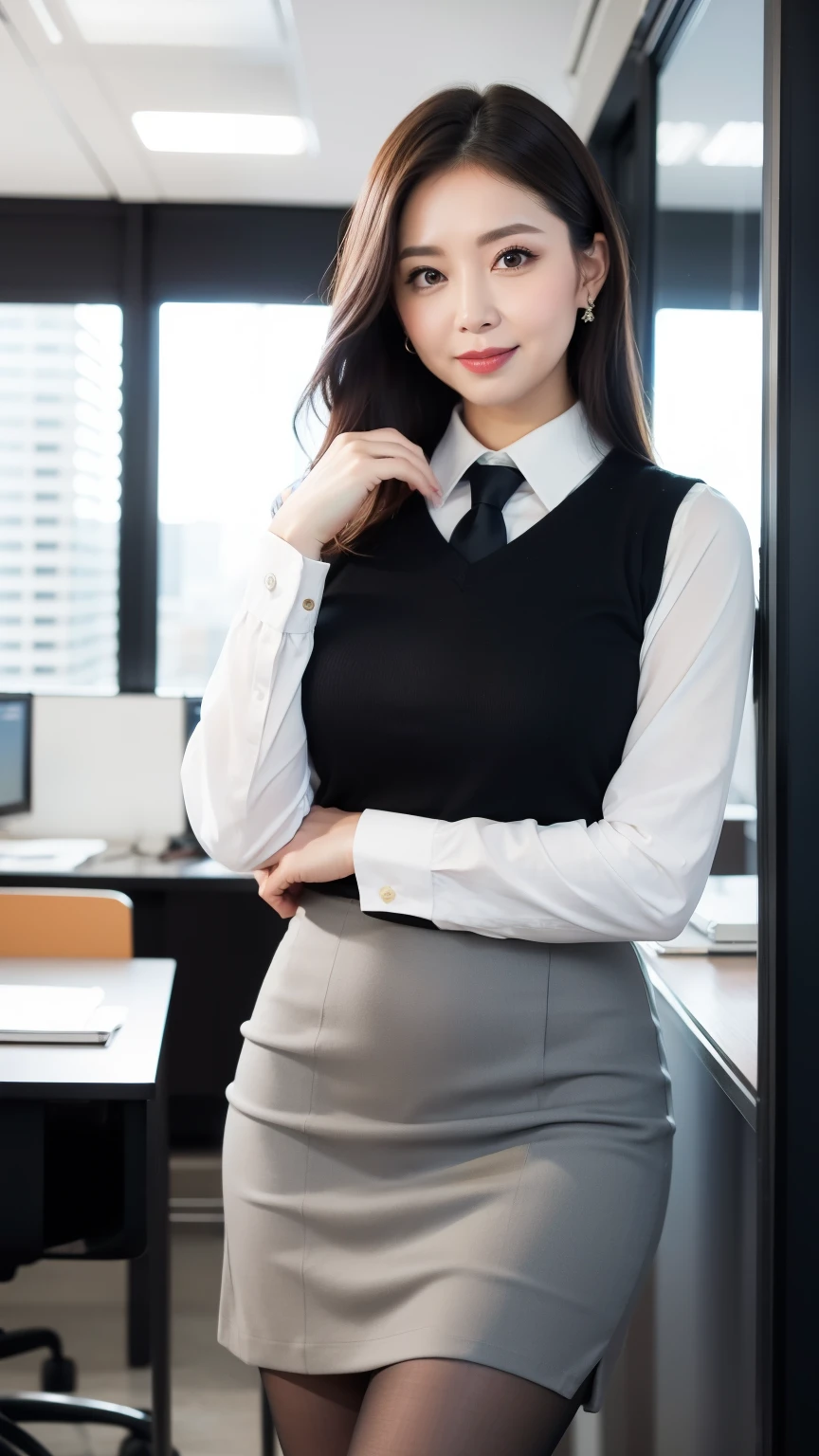 ((Highest quality, 8k, masterpiece, Portraiture: 1.3)), (Observe the audience), (Genuine、photograph:1.4), (Full Shot:0.85), Attractive mature business woman, 1 person, A little chubby:0.35,Brown Wave Semi、 White collared shirt, Grey pencil skirt, Ultra-realistic pantyhose, Pantyhose and skirt、 Hourglass body shape, (Standing in the office)), smile:0.2, president&#39;office,Good posture、(((Mature Woman))), (((56 years old)))evening、In a dimly lit office、

