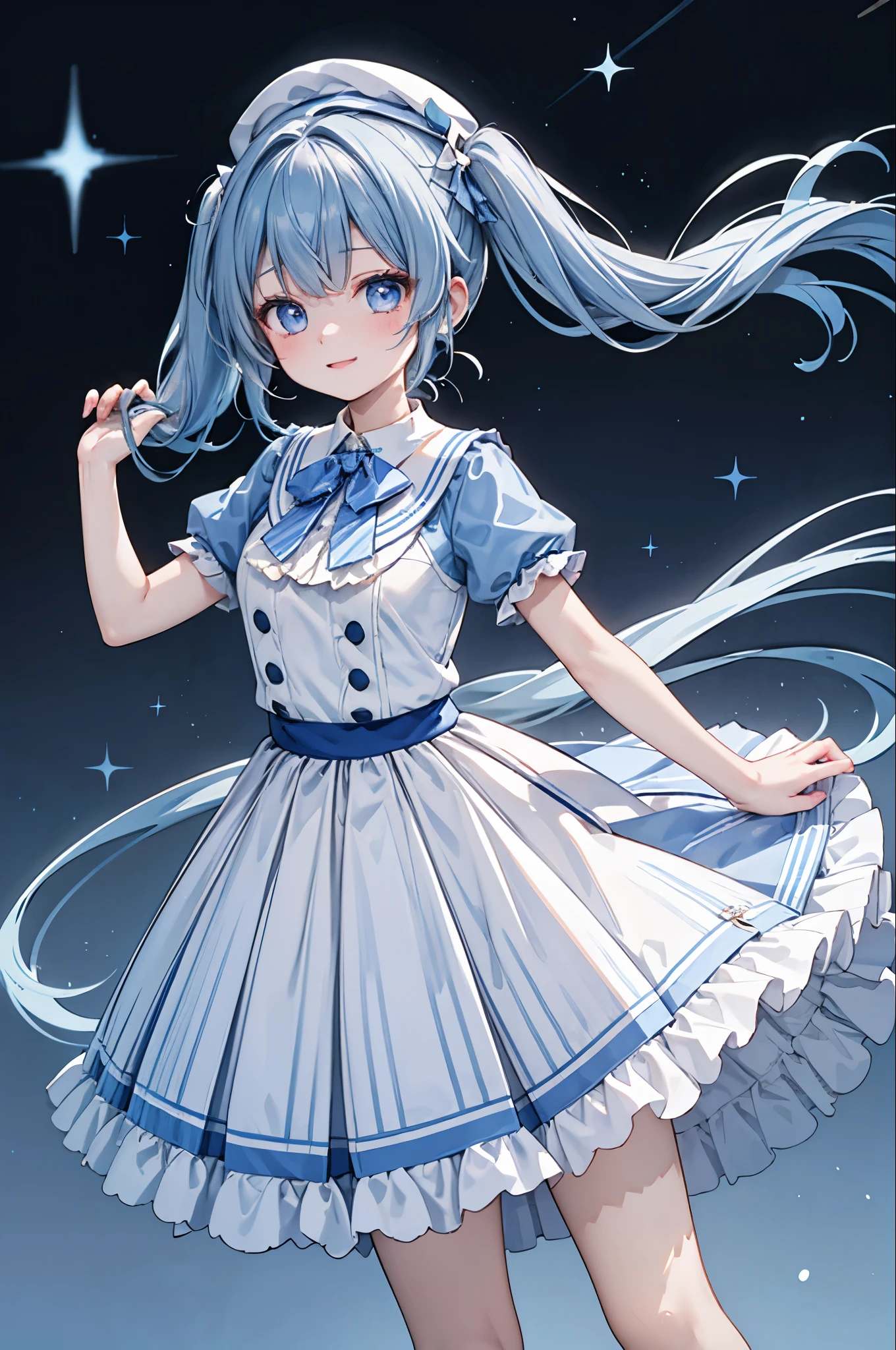 high resolution,smile,woman,woman1人,adult,cute, Twin tails, Light blue hair,BREAK,
Light blue eyes,BREAK,Idol Uniform,BREAK,Facing forward,BREAK,Light blue background,
