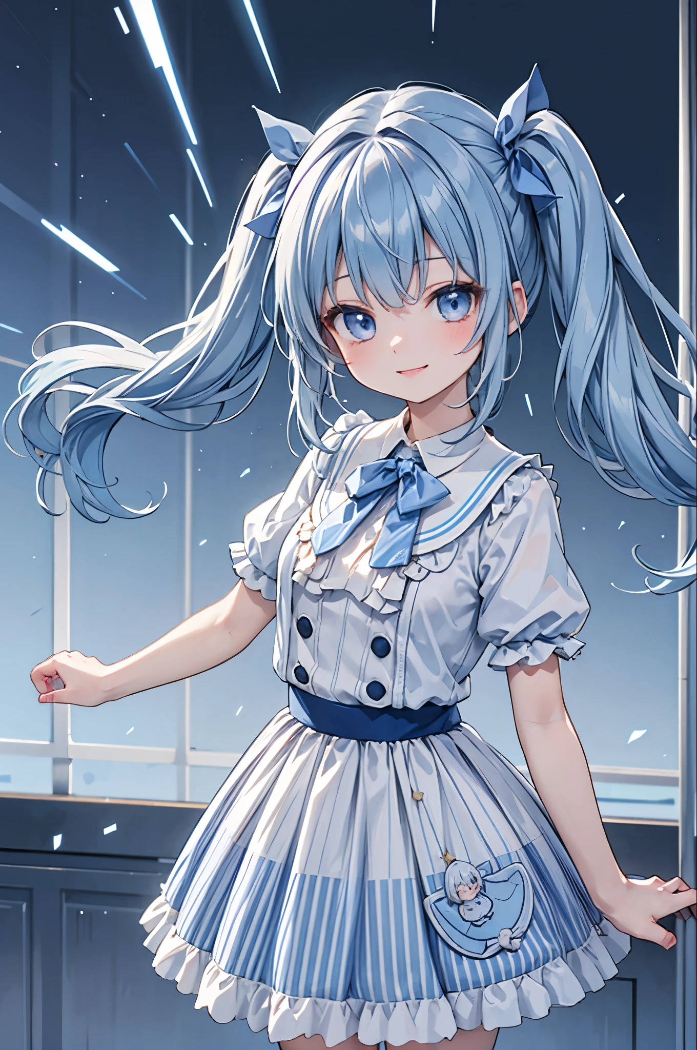 high resolution,smile,woman,woman1人,adult,cute, Twin tails, Light blue hair,BREAK,
Light blue eyes,BREAK,Idol Uniform,BREAK,Facing forward,BREAK,Light blue background,