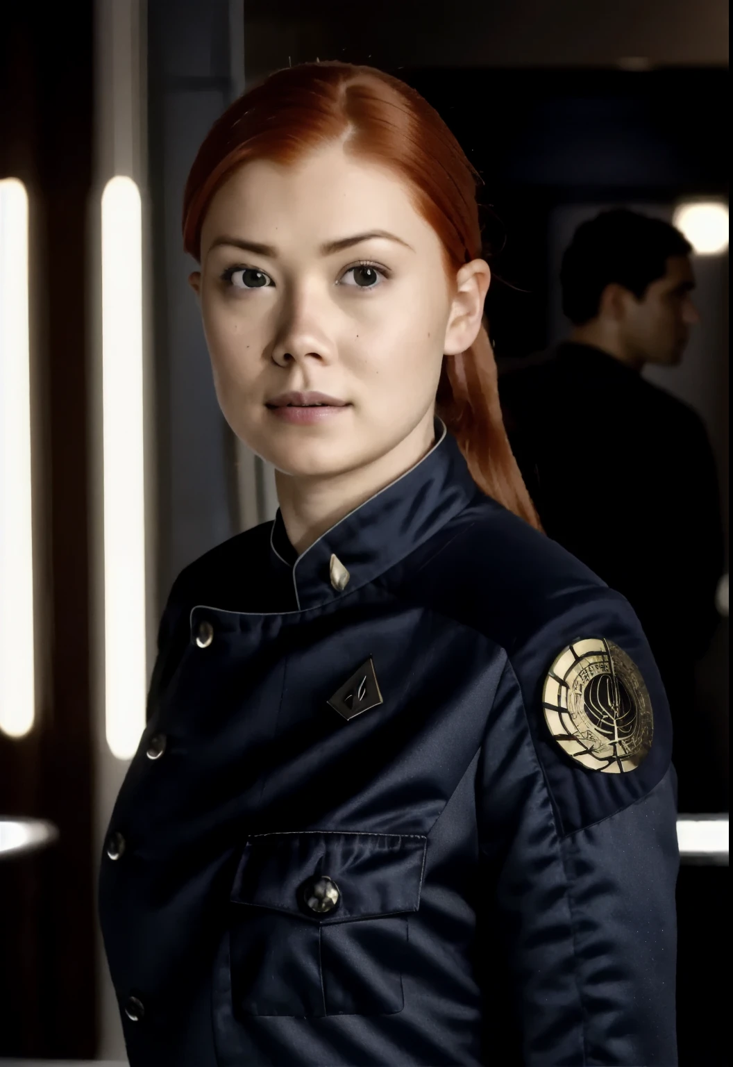 terrified ginger young woman  in Battlestarofficer standing in galacticaCIC roomin a lobby,RAW photo, 8k uhd, dslr, soft lighting, high quality, film grain, higly detailed face,Fujifilm XT3