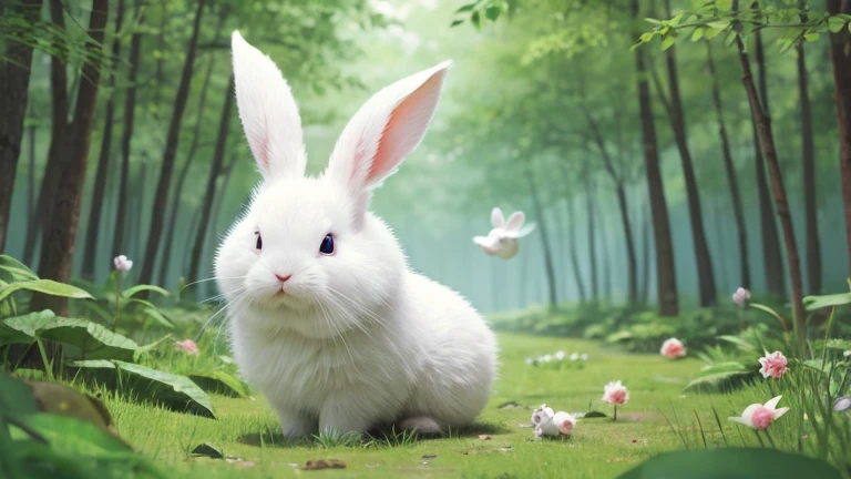 A small, lush forest animal、A white rabbit with big round eyes　An illustration