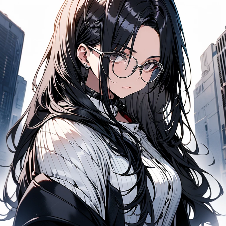 The Beauty of Knowledge,cool,Woman in her 20s,Silver glasses,Black business suit,White background,cold,Emotionless,Black Hair,Upper Body,From the neck up,Straight Hair,Long Hair
