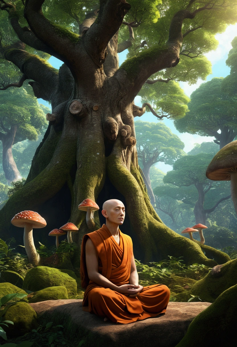 masterpiece, best quality, high quality,extremely detailed CG unity 8k wallpaper, An enchanting and dreamy scene of a fantasy forest, with towering trees, glowing mushrooms, Theravada monk, hairless head, meditating under the Bodhi tree, Anime-style Digital Art
