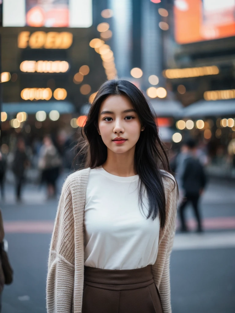 A gorgeous 20-year-old Indonesian woman, with long black hair and a sultry, flirty look, stands in the middle of a city square in Jakarta, Indonesia. She has a gorgeous symmetrical face and a slim body. She is wearing a white t-shirt, a pastel sweater, and brown culottes. The scene is bustling with a timelapse of many pedestrians walking around her. It's dawn, and the city is bathed in cinematic lighting. The camera captures this from a third-person perspective, ensuring the crowd's movement and the city's atmosphere are vividly detailed. The video is in ultra HD, 4K resolution, with a highly realistic and detailed rendering.