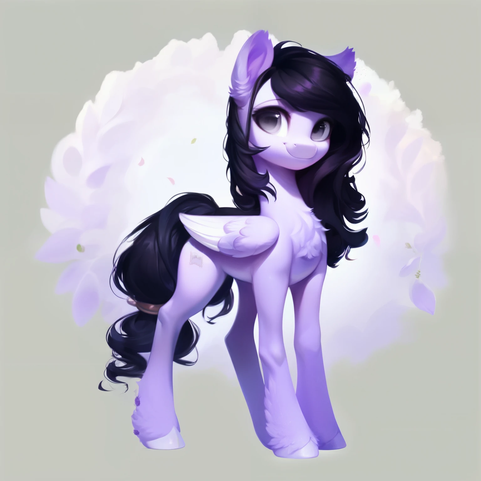 rating_safe, score_9, fluffy, feral pegasus pony, female, round cute face, Lavender purple body, black-purple mane, disheveled hair, soft and delicate long hair, clear grey eyes, grey eyes, smiling. dynamic。young and beautiful。。Standing picture, Ray Tracing。whole body。Standing。White background,Full body painting