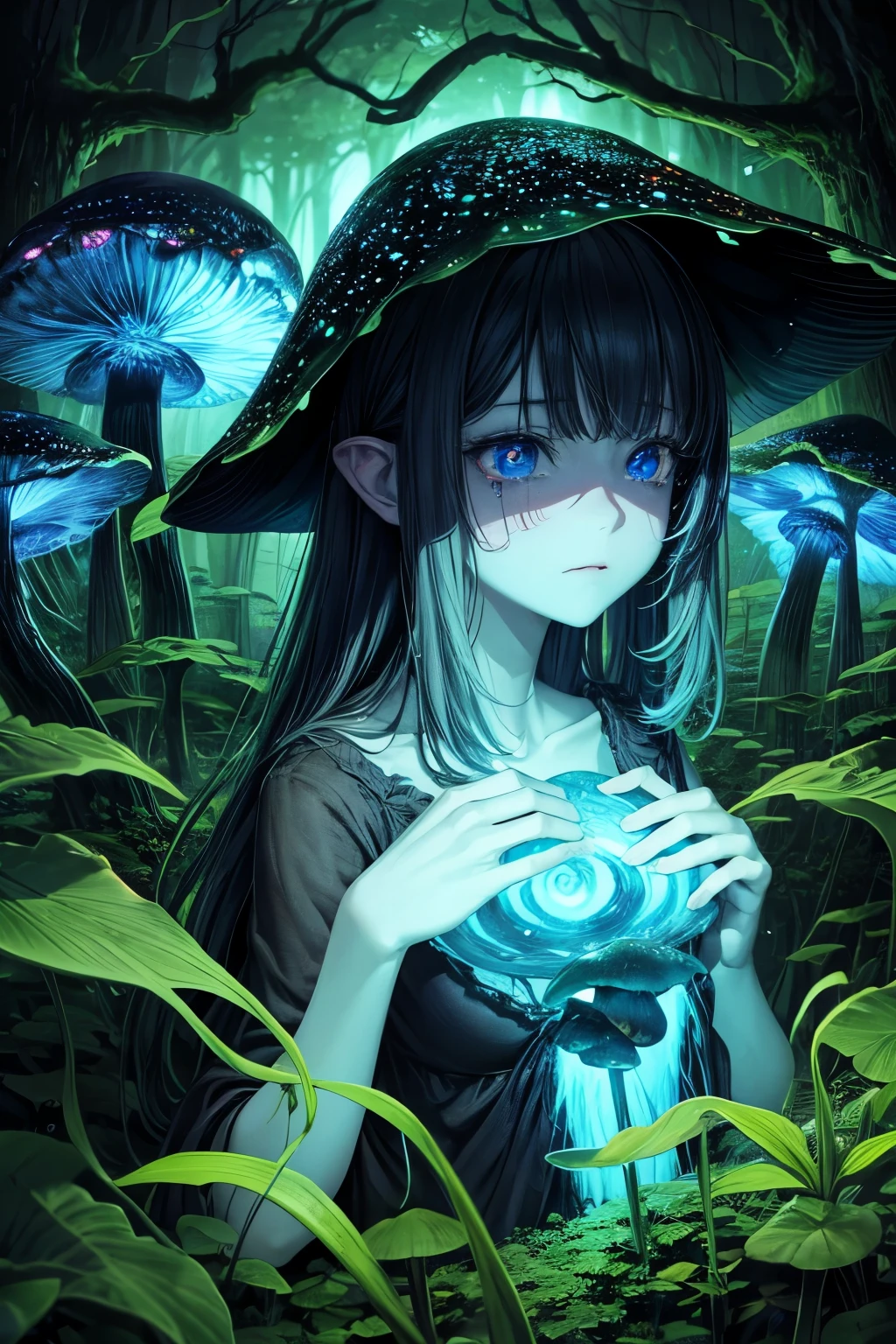 [This is from junji], dark horror scene, [Detailed shadows], [vein], (Bioluminescent mushroom forest), 1 girl, huge cosmic eye, shed tears, Spiral fungi, high dynamic range