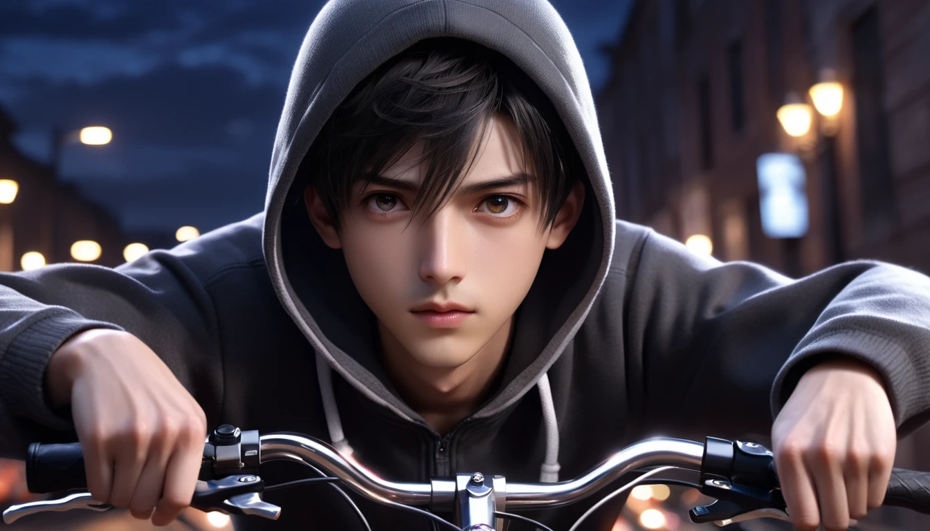 (8k, RAW photos, best quality, masterpiece: 1.4), (((Boy on bike)))，Ultra-high resolution, Extremely detailed, light, Upper body close-up, handsome boy, black eyes, (delicate eyes, Eyes are bright:1.2), Black short hair, Fair skin,dark, Gray hooded sweatshirt,(perfect anatomy:1.2), High-quality shadows, Natural Lighting, (White highlights:1.2), night, cloudy day, (bridge:1.2)