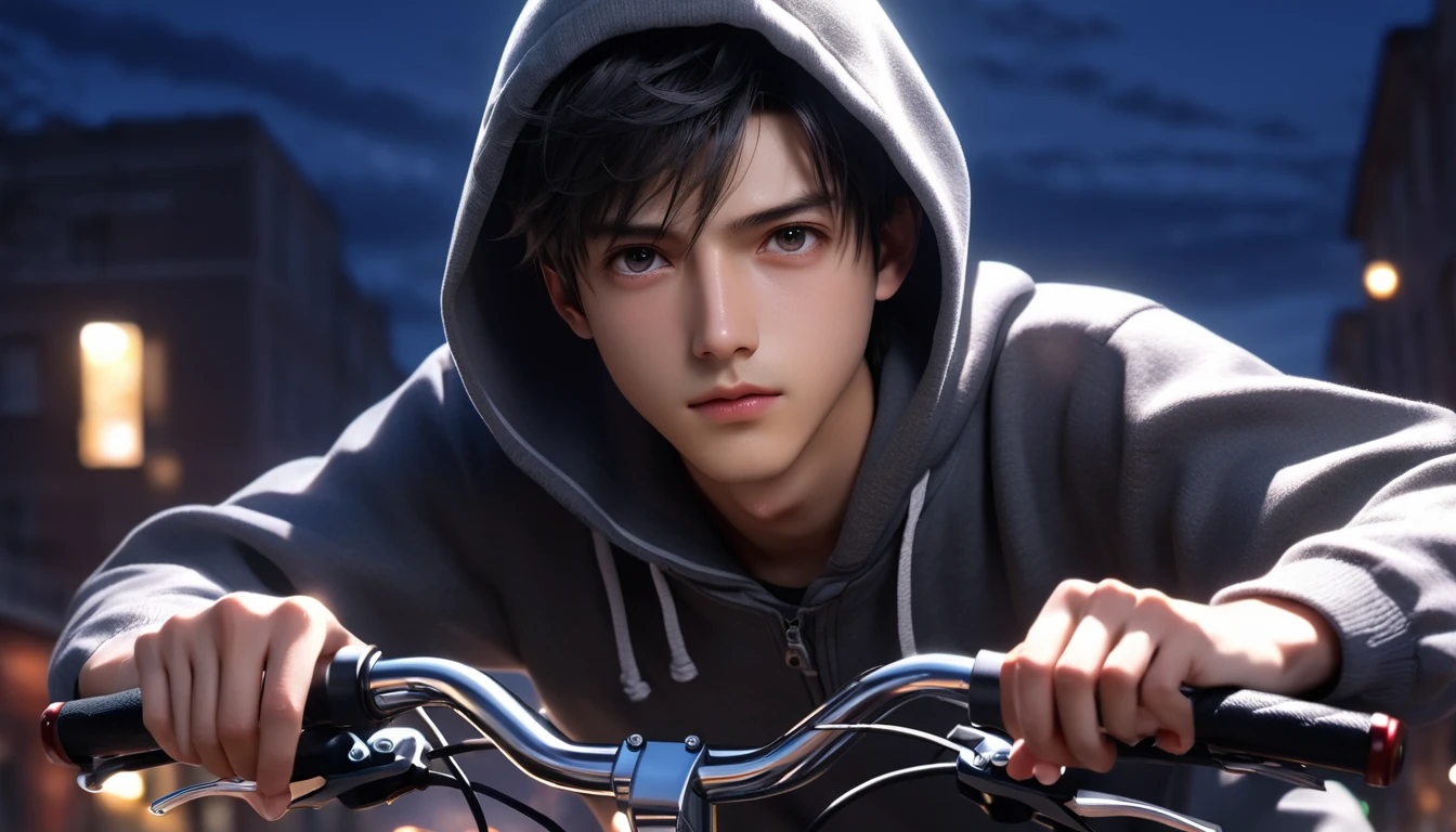 (8k, RAW photos, best quality, masterpiece: 1.4), (((Boy on bike)))，Ultra-high resolution, Extremely detailed, light, Upper body close-up, handsome boy, black eyes, (delicate eyes, Eyes are bright:1.2), Black short hair, Fair skin,dark, Gray hooded sweatshirt,(perfect anatomy:1.2), High-quality shadows, Natural Lighting, (White highlights:1.2), night, cloudy day, (bridge:1.2)