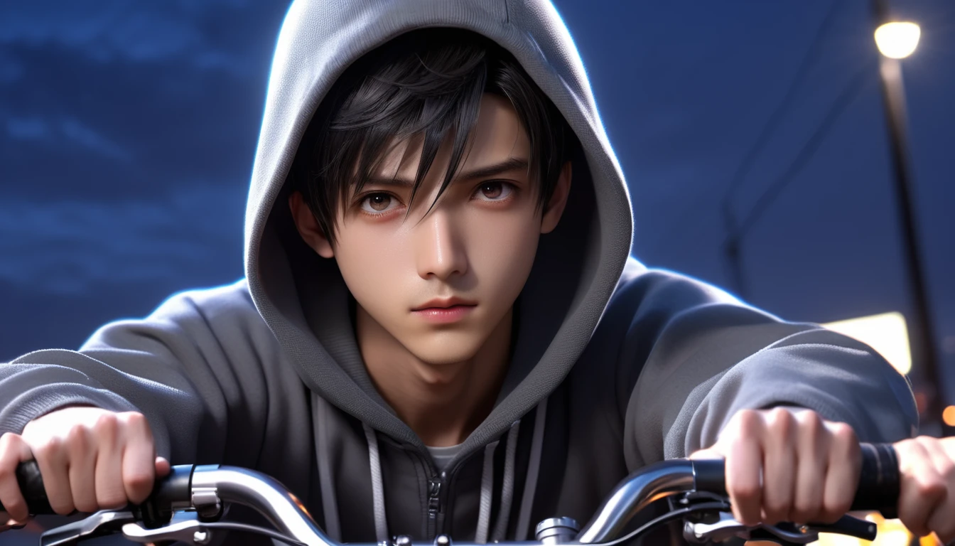 (8k, RAW photos, best quality, masterpiece: 1.4), (((Boy on bike))),Ultra-high resolution, Extremely detailed, light, Upper body close-up, handsome boy, black eyes, (delicate eyes, Eyes are bright:1.2), Black short hair, Fair skin,dark, Gray hooded sweatshirt,(perfect anatomy:1.2), High-quality shadows, Natural Lighting, (White highlights:1.2), night, cloudy day, (bridge:1.2)