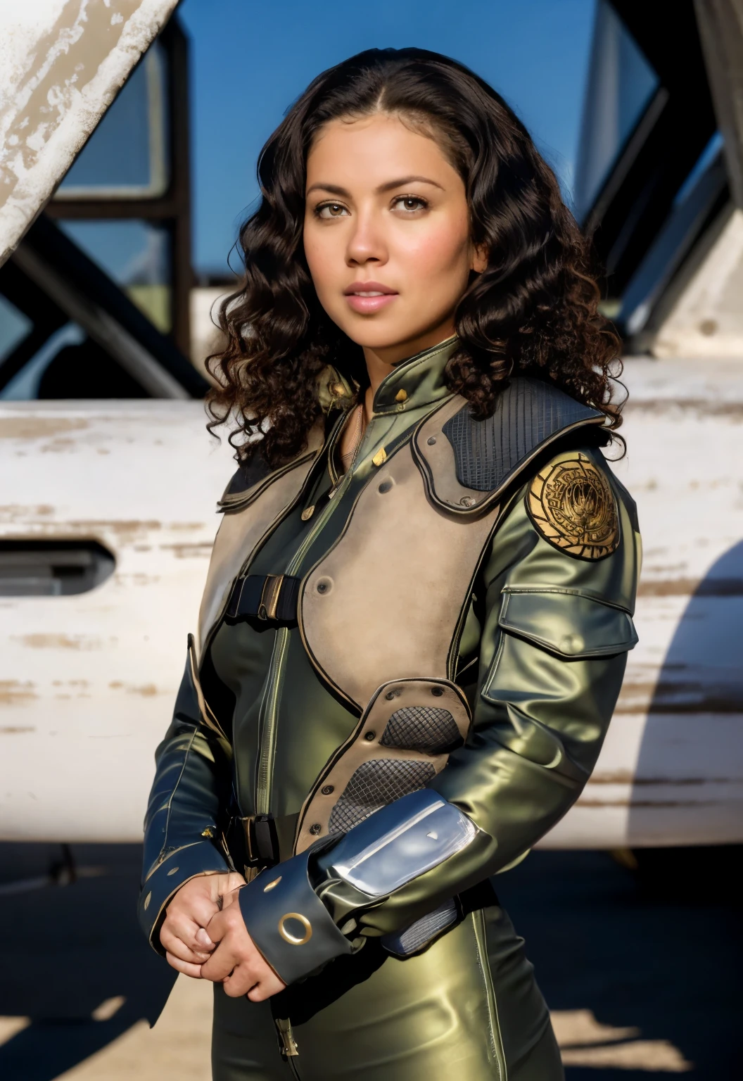 a scared woman in vipersuit military uniform(curly hair:1.3),spaceship hangar,RAW photo, 8k uhd, dslr, soft lighting, high quality, film grain, higly detailed face,ultra detailed,masterpiece quality,Fujifilm XT3