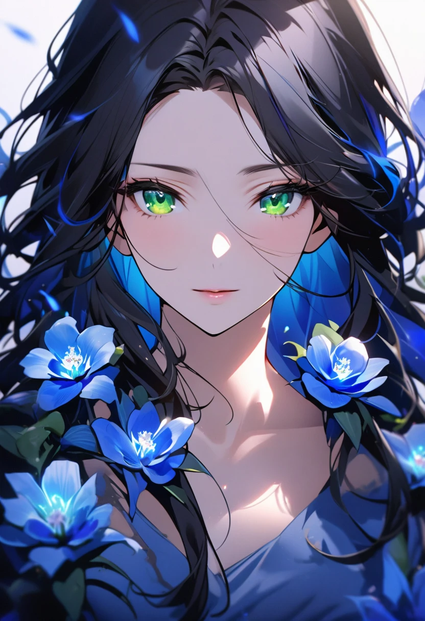girl, black hair, long hair, green eyes, ,blue hair ornament pretty, blue dress, ,beautiful eyes, mature, super detail, beautiful color, blue aura, smooth hair, adult, mature, woman, flower, main face, front face, shine exposure, face macro