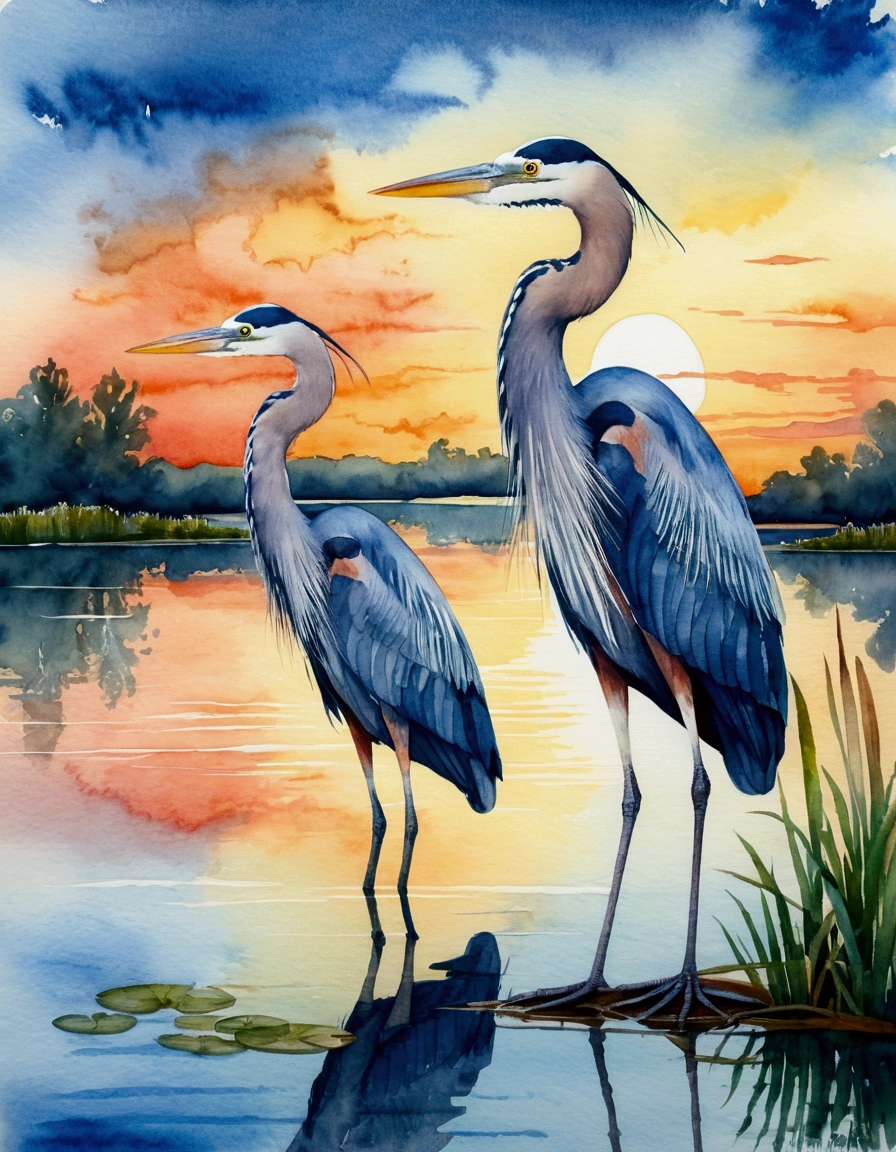 (best quality,watercolor effect:1.2),A blue heron,watercolor painting of a Great blue herons standing on a lake water with a blue and cloudy sky as a background,Sunset,Great blue herons, reeds, aquatic plants