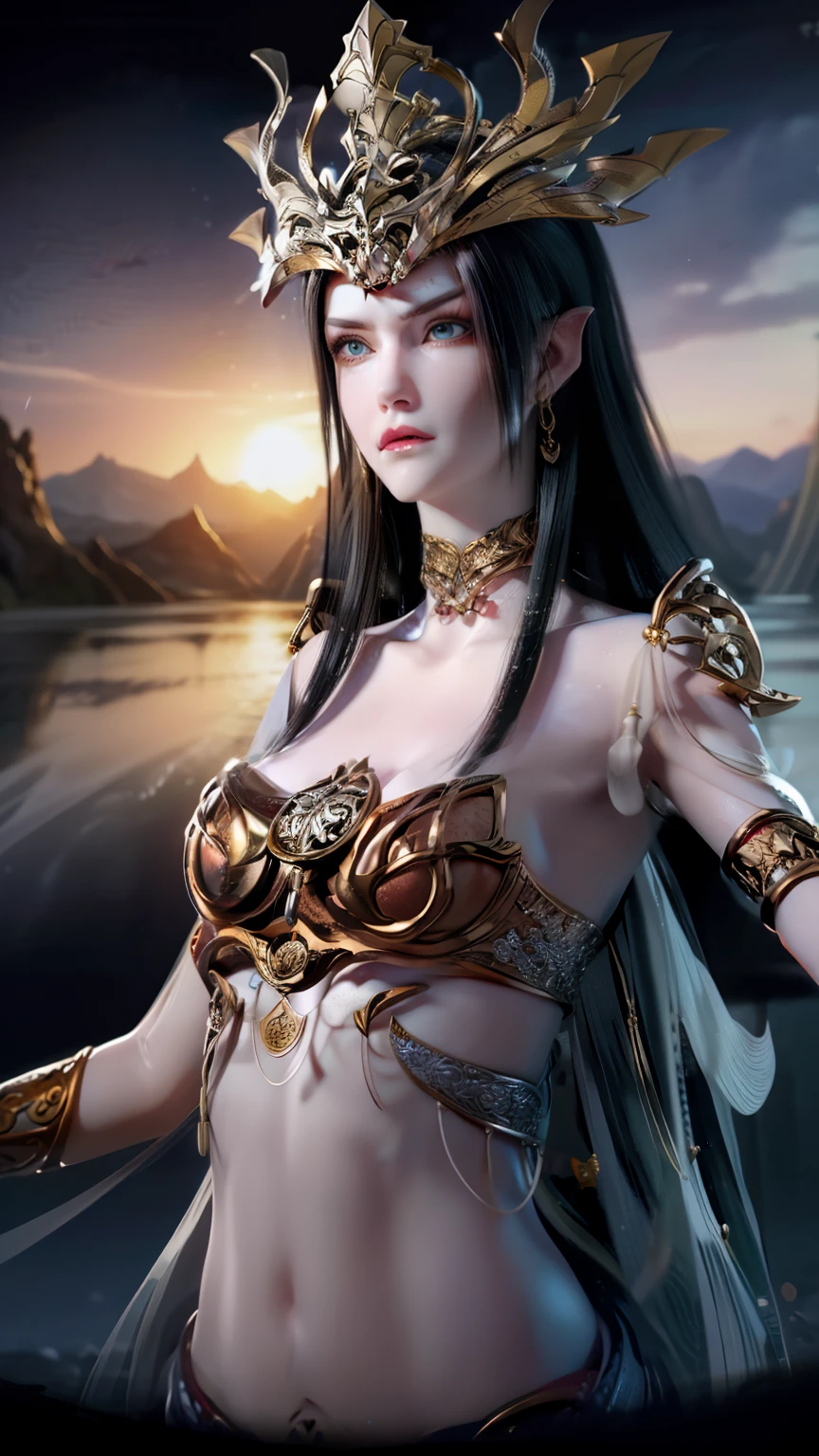 A woman with long black hair, beauty hair, thick hair, black dress, elf ears, iceland background