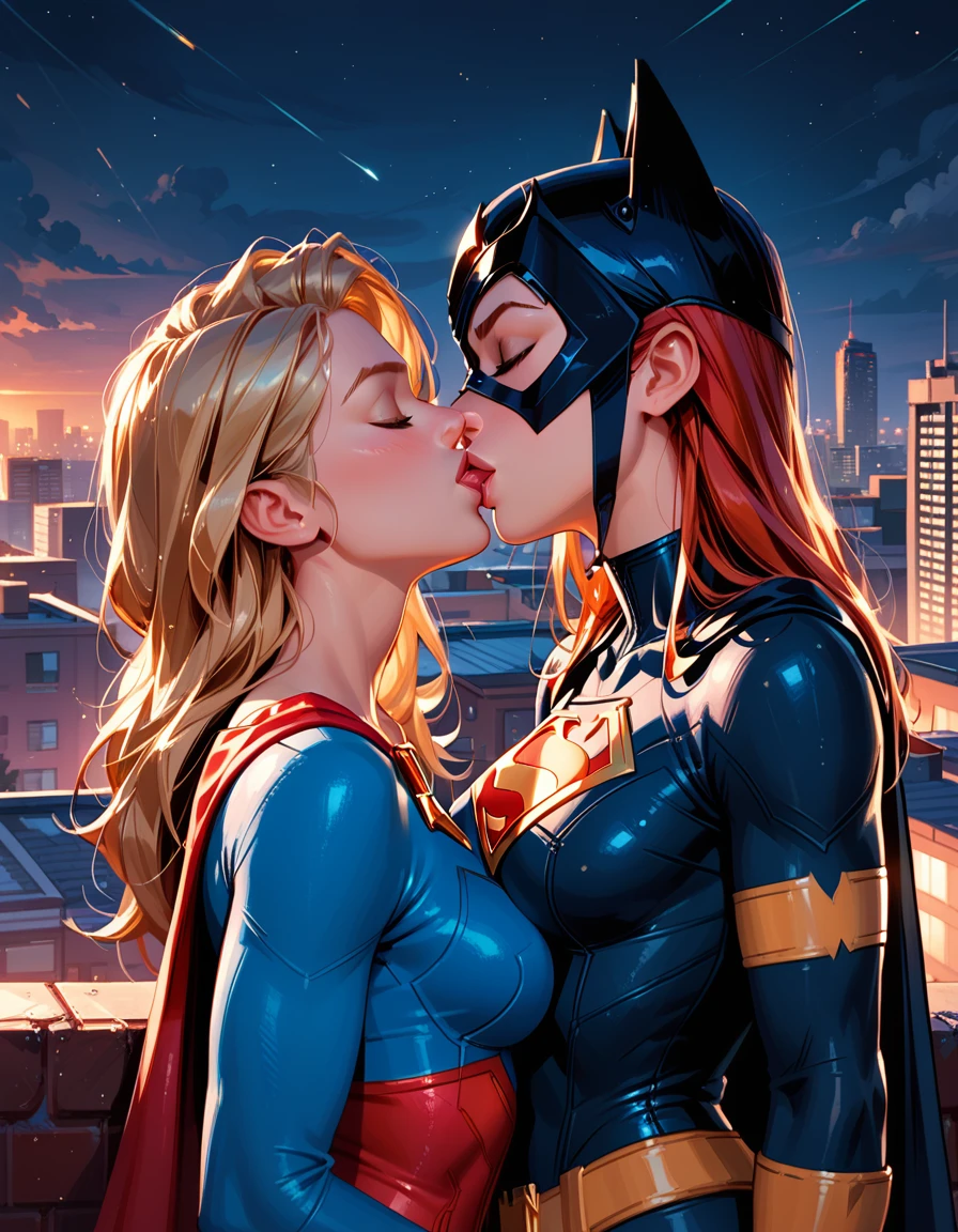 score_9, score_8_up, score_7_up, score_6_up, 2girls, Supergirl and Batgirl, yuri, girlfriends, lovers, kissing, city rooftop, night, cinematic lighting.