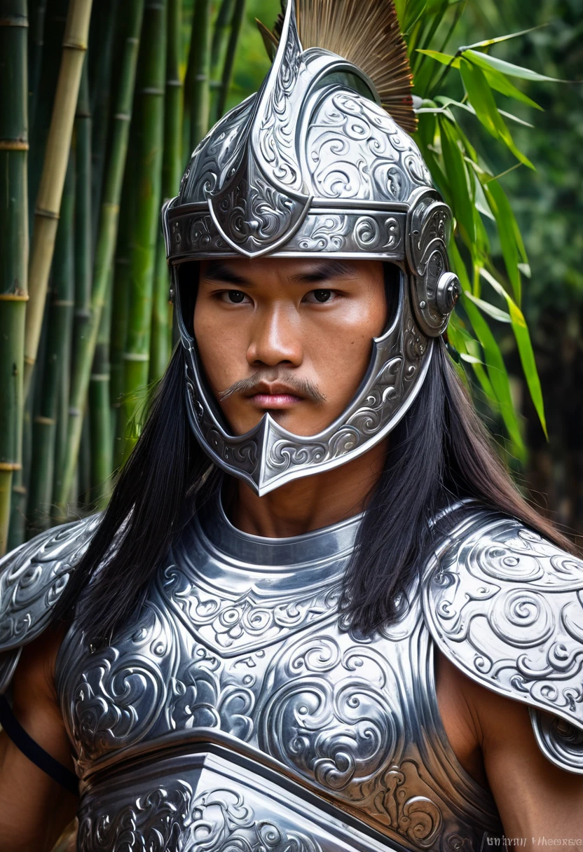 Close-up photo of the immortal warrior in Vietnamese mythology - Saint Giong - 18 years old. Saint Giong is a giant, majestic and imposing, with rippling muscles, bright eyes, long hair, goatee and wearing a shiny armor, a strong iron helmet. Holding a cluster of old ivory bamboo like a cluster of violent weapons. Iron horse. Invincible warrior, horse posture flying into the sky