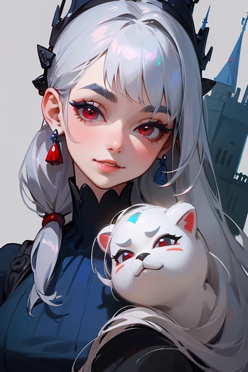 (Highest quality, masterpiece:1.2), High resolution, 最高masterpiece、Very detailed, Realistic:1.37, Fantasy, An illustration,Gray Hair、 Red eyes、Queen, Navy and blue dress、beautifully、Eyeshadow Red、Thick eyebrows、Long eyelashes、pupils are black、shiny on the lips、Top Sites、Queen、Princess、A kind smile、Show your teeth a little and smile、Soft impression、people々々々々々々々々々Loved by、Slimming the face、Shoulder Bare、ponytail、Kissing Face、Long white hair、Shaggy Bangs、Save face image、Cinderella Castle、(solo).