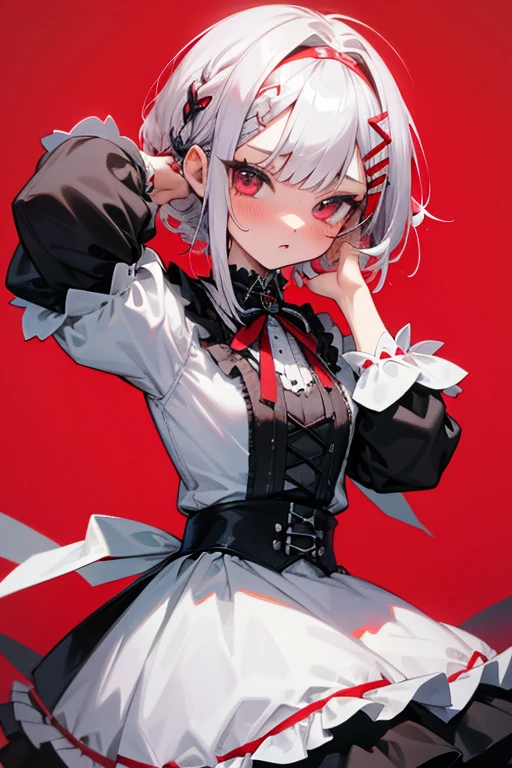 Short white hair, blush, Gothic Lolita、Punk Fashion、Headbang 2.、White and red clothes、Braiding、2 hair clips