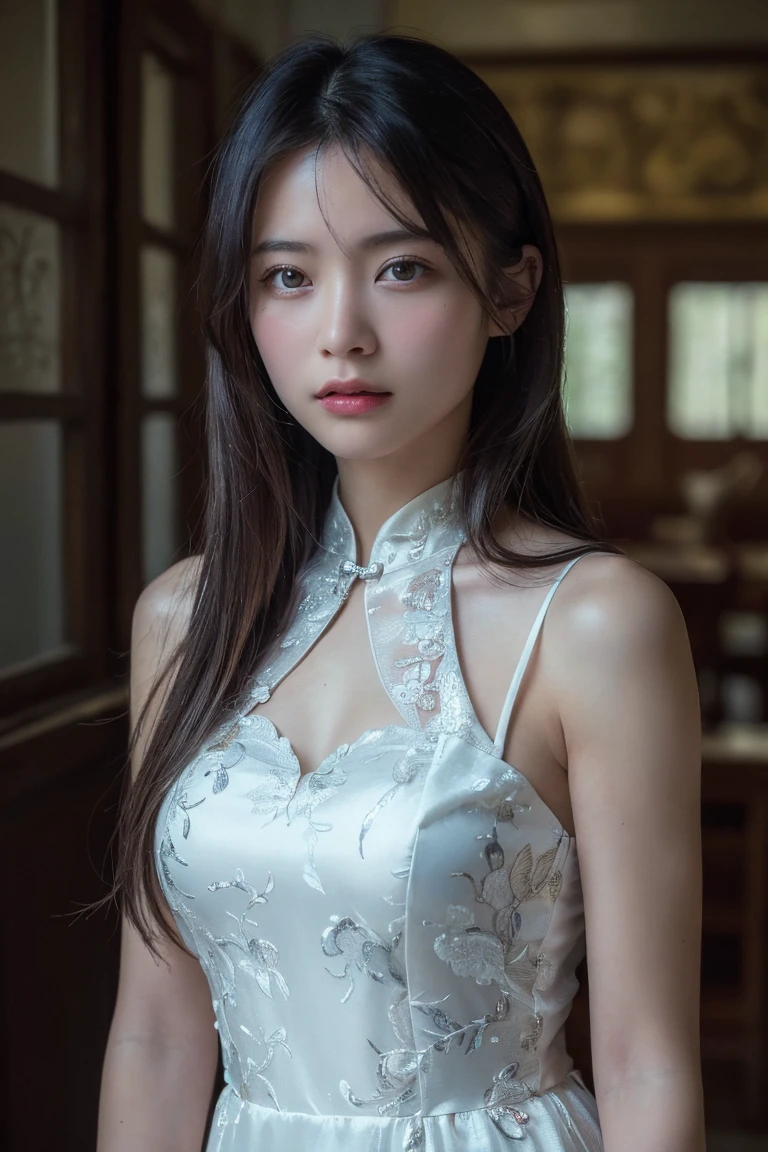 (Highest quality:1.4),(masterpiece:1.4),(Realistic:1.4),(Realistic:1.2),(超High resolution, RAW Photos:1.4),(High resolution, Very detailed:1.2),(8k:1.2),Movie Photos,a photo of a dark-haired,One Girl,alone,wear ,((China dress))、((Upper Body:1.3))
