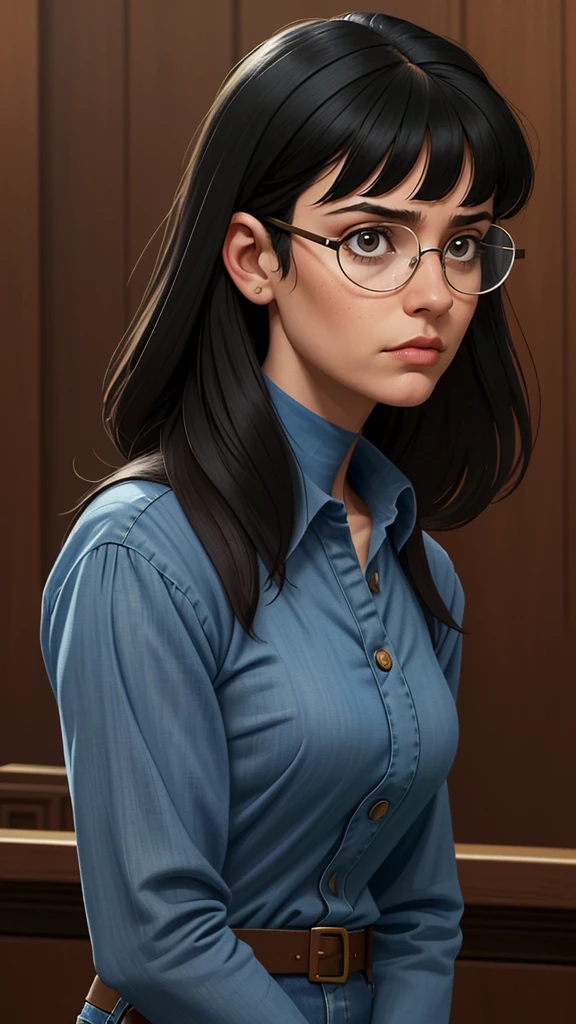 A disheveled woman in a blue shirt, block normal jeans and glasses stands in a courtroom, positioned in front of a wooden wall. The portrait is inspired by Bernardino Mei, blending Renaissance elements with a modern twist suitable for a Reddit post. Photograph credit: AP, with stylistic influences from Lindsey Look. The woman has blunt bangs falling on her forehead, captured in a medium close-up shot. She is behind bars, highlighting her serious and intense presence in the courtroom. Her black hair with bangs frames her face, with artistic touches reminiscent of Robin Eley. The overall theme is somber and intense, emphasizing the gravity of the courtroom setting