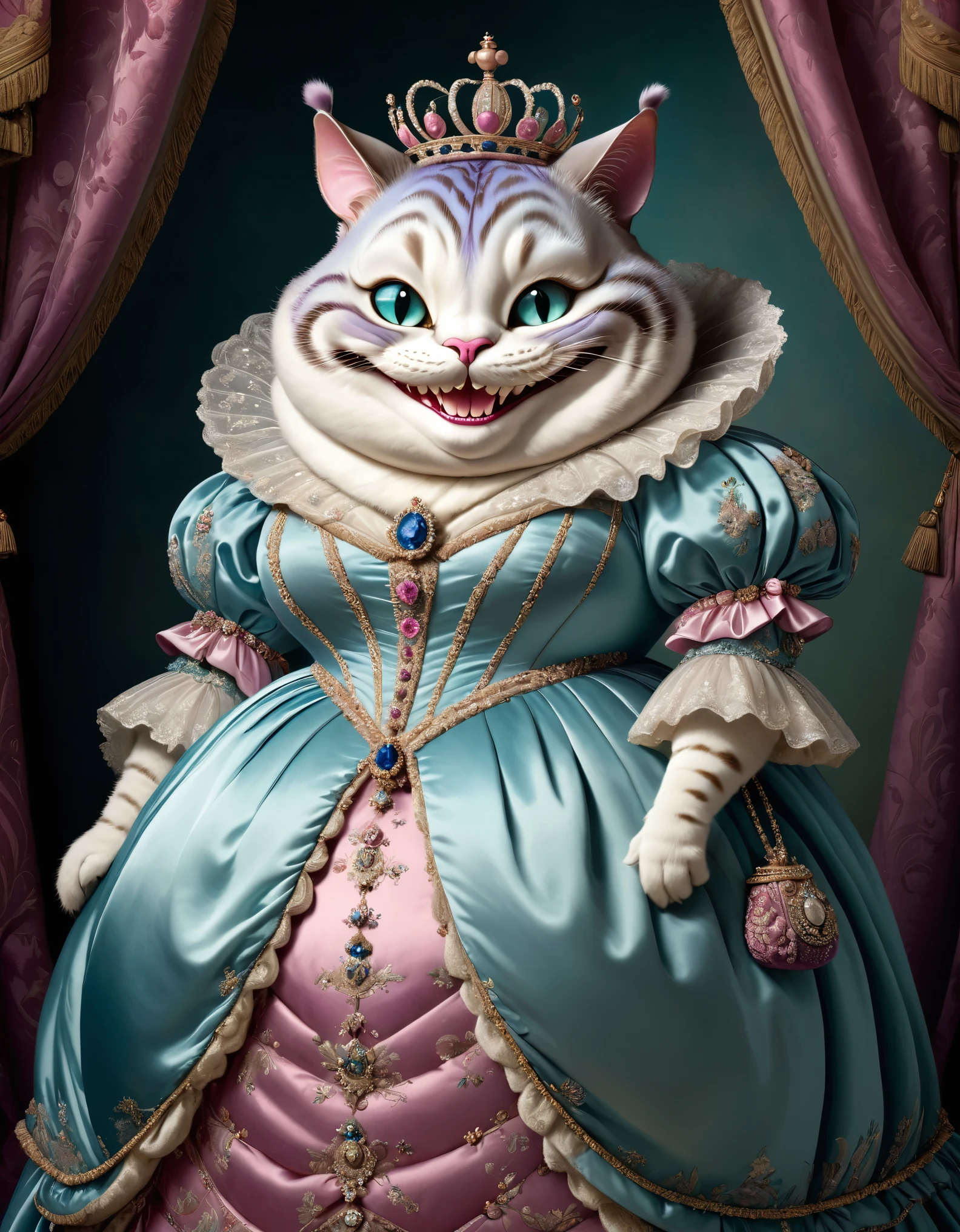 photorealistic portrait of Dressed animals - a ((fat)) (Cheshire cat) Queen, (over waist image:1.5),(elegant pose:1.5) Wearing luxury sack-back gown,(wearing luxury tiara),(happy smile:1.5), Old-fashioned luxury clothes, detailed and opulent description of a queen's aristocratic sack-back gown in Rococo , emphasizing luxurious fabrics, intricate embroidery, and ornate accessories, simple background,(looking at viewer:1.5),score_9, score_8_up, score_7_up, score_6_up, score_5_up, score_4_up,