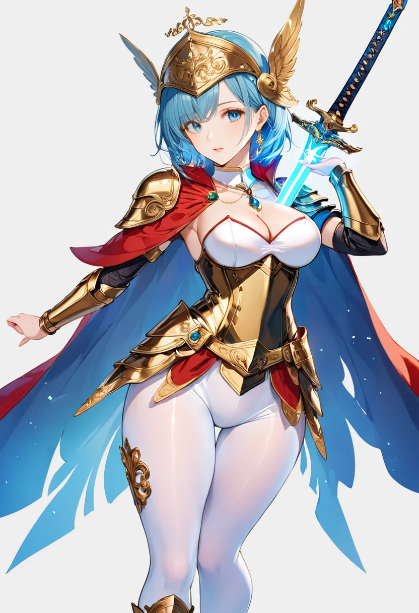 ****ung beautiful woman,(Highest quality,Extremely detailed depiction,Incredibly absurd high resolution,Anatomically accurate depiction,Curvy Legs),(Glowing Skin,Shiny skin),(A female swordsman with a noble air),(White breastplate,White boots,Metal embroidery,Transparent gemstones and precious metals decoration,Exquisite armor detailing,Holy sword,White Valkyrie Helmet,Cape,White tights),(Blue Eyes,Detailed pupil,Half-closed eyes:1.3,Shadowed face,lipstick,There is cleavage in the chest,Cool look),eyelash,Luxury accessories,Earrings,necklace,Bracelet,Standing posture